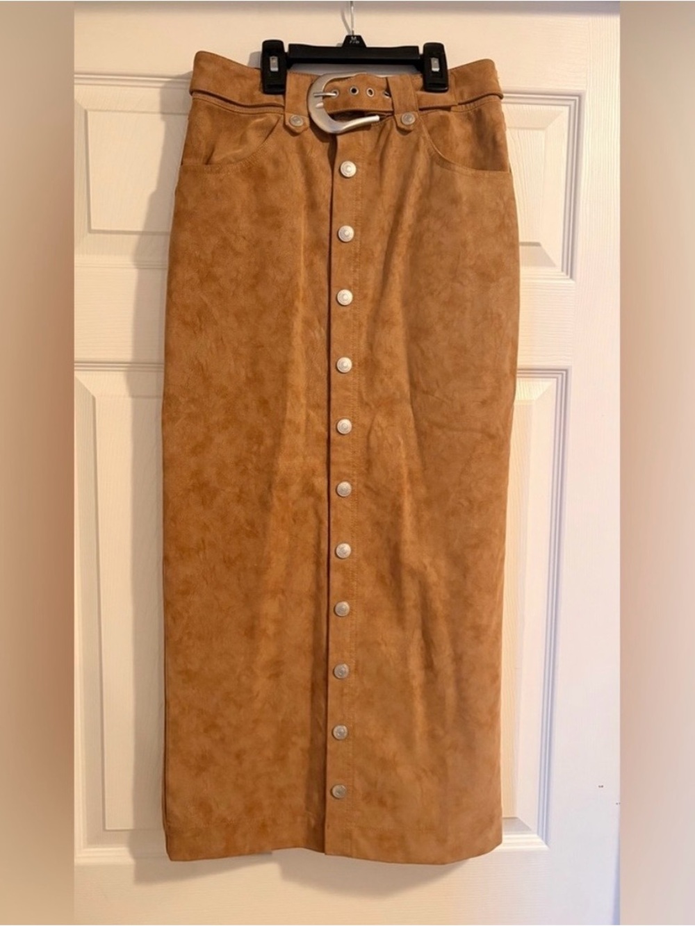 Free People We The Free Tan Suede-Look Button-Front Midi Skirt with Belt
